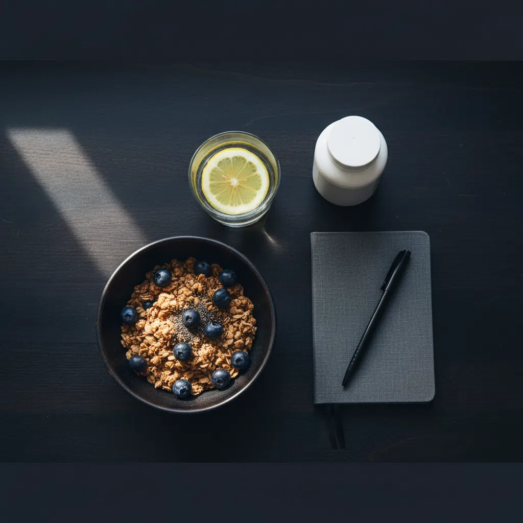 Hälsosam morgonrutin med kosttillskott, vatten och frukost - daglig hälsorutin för män tips